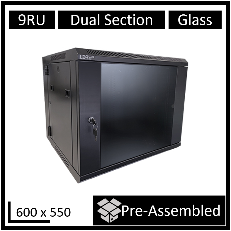 LDR 9U Hinged Wall Mount Cabinet 600x550mm Glass Door Black Metal Frame with Top Fan Vents & Side Access Panels