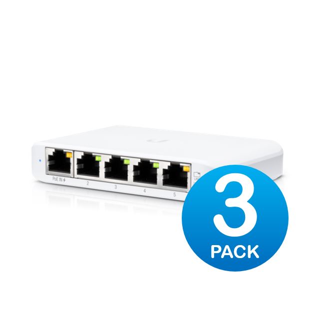Ubiquiti USW Flex Mini 3 Pack - Managed Layer 2 Gigabit Switch with 5x RJ45 GbE Ports, PoE (802.3af/at) or USB-C 5V 1A Power, UniFi Network Compatible
