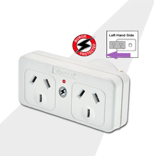 Sansai Surge Protected Double Adaptor with Left Side Active Indicator - 10A 240V AC Power Socket