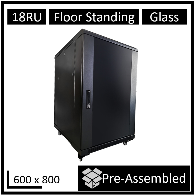 LDR 18U Server Rack Cabinet 600x800mm with Tempered Glass Door, 8-Port PDU, 4-Way Fan, 2 Fixed Shelves - Black Metal Frame