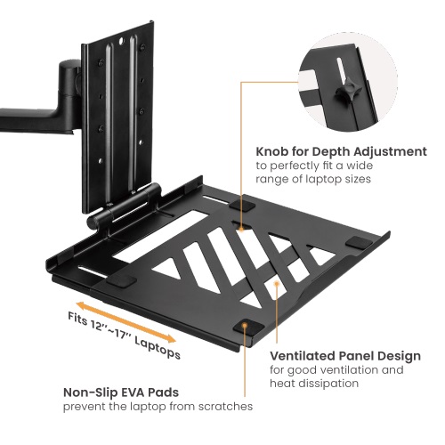 Brateck Adjustable Laptop Tray for Monitor Arms Fits 12-17 Inch Laptops with 75x75mm VESA Plate, Foldable Design, Ventilated Surface, Max 5kg Capacity