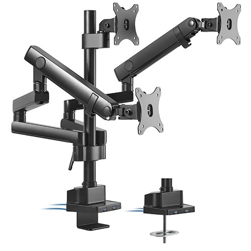 Brateck LDT20-C036UP Triple Monitor Aluminum Slim Pole Mechanical Spring Arm for 17"-27" Monitors up to 7kg per Screen, VESA 75x75/100x100, USB 3.0 Ports