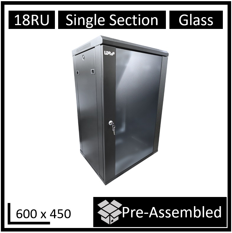 LDR 18U Wall Mount Cabinet 600x450mm with Smoked Tempered Glass Door, Black Steel, Side Access Panels & Top Fan Vents