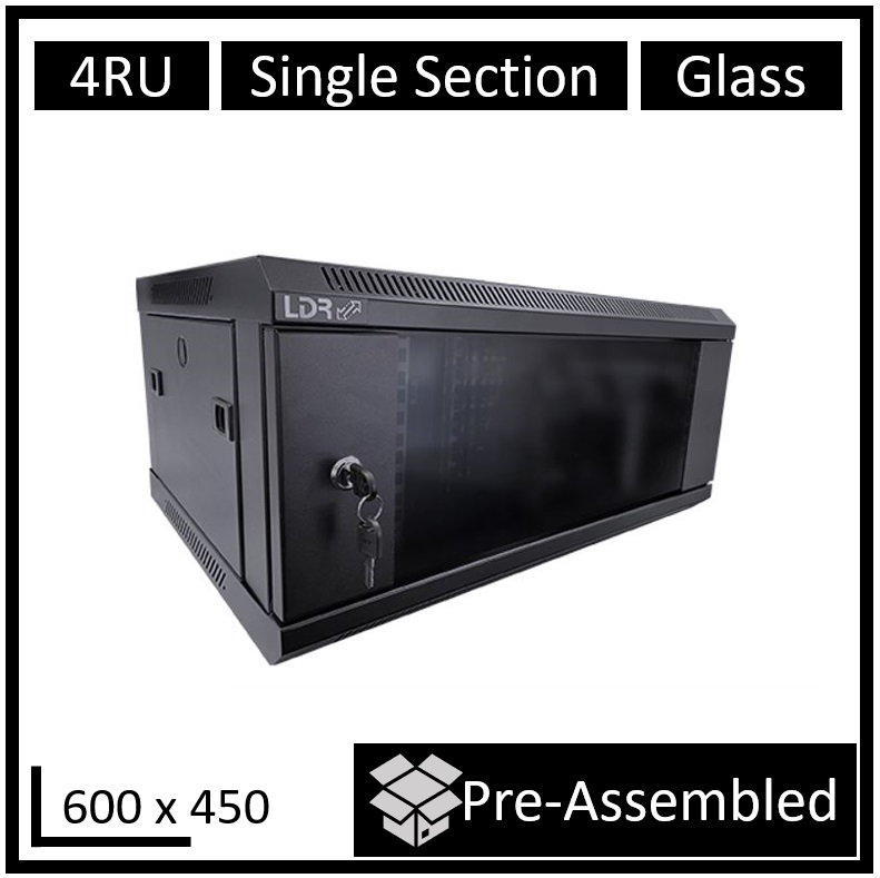 LDR 4U Wall Mount Cabinet 600x450mm - Smoked Tempered Glass Door, Black Metal, Top Fan Vents & Lockable Side Panels