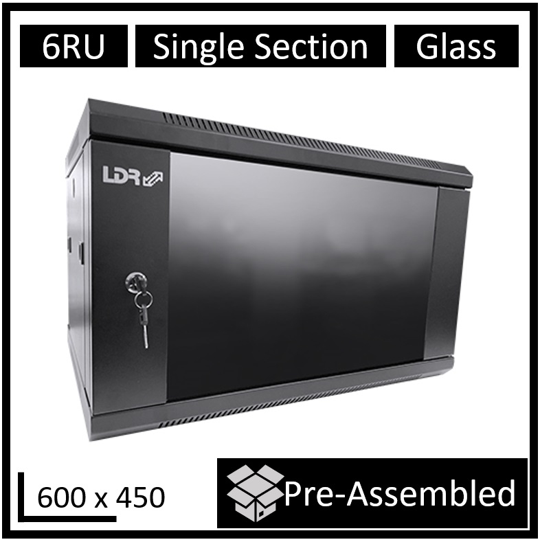 LDR 6U Wall Mount Cabinet 600x450mm with Smoked Tempered Glass Door, Black Metal, Top Fan Vents & Side Access Panels