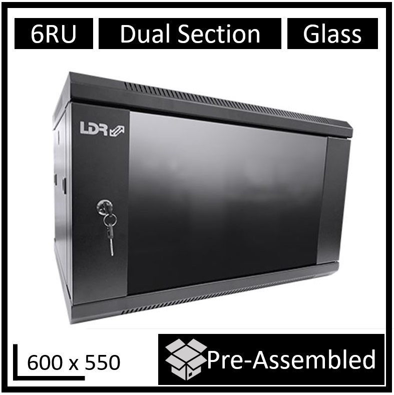 LDR Assembled 6U Hinged Wall Mount Cabinet 600x550mm Glass Door Black Metal with Top Fan Vents & Lockable Side Panels