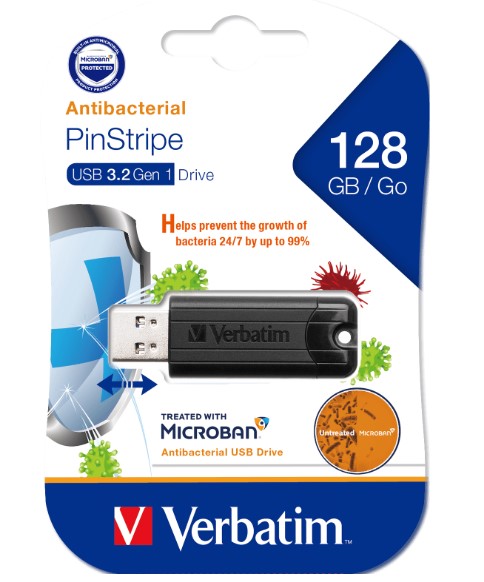 Verbatim 128GB Antibacterial Pinstripe USB 3.0 Flash Drive with Microban® Technology, Slim Lightweight Design, FAT32 Format