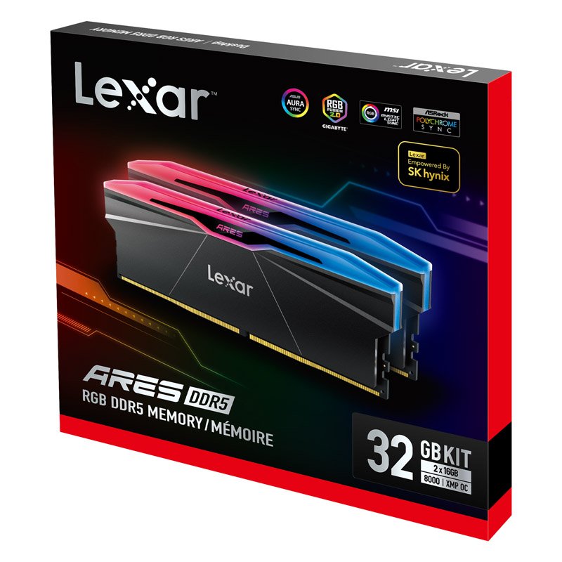 Lexar ARES RGB 2nd Gen DDR5 8000MT/s 32GB (2x16GB) Dual Channel Kit CL38 RGB Black U-DIMM Memory