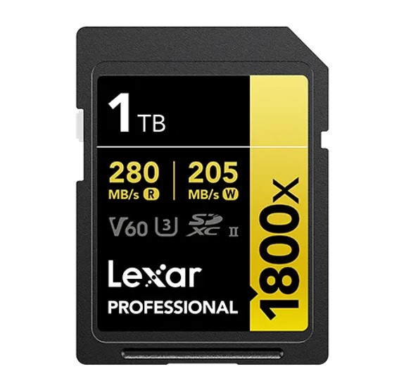 Lexar Professional 1800x 1TB SDXC UHS-II Card GOLD Series - High Speed 280MB/s Read, 205MB/s Write, V60, U3, Durable SD Memory Card for DSLR & Mirrorless Cameras