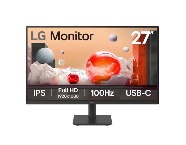 LG 27" IPS Full HD Monitor 1920x1080 100Hz Refresh Rate USB-C 65W PD 3-Side Borderless Tilt-Adjustable Stand
