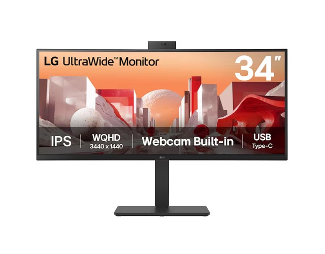 LG 34" UltraWide QHD Curved IPS Monitor 3440x1440, sRGB 99%, HDR10, USB-C PD 90W, FHD Webcam, Mic, Speakers & Adjustable Stand