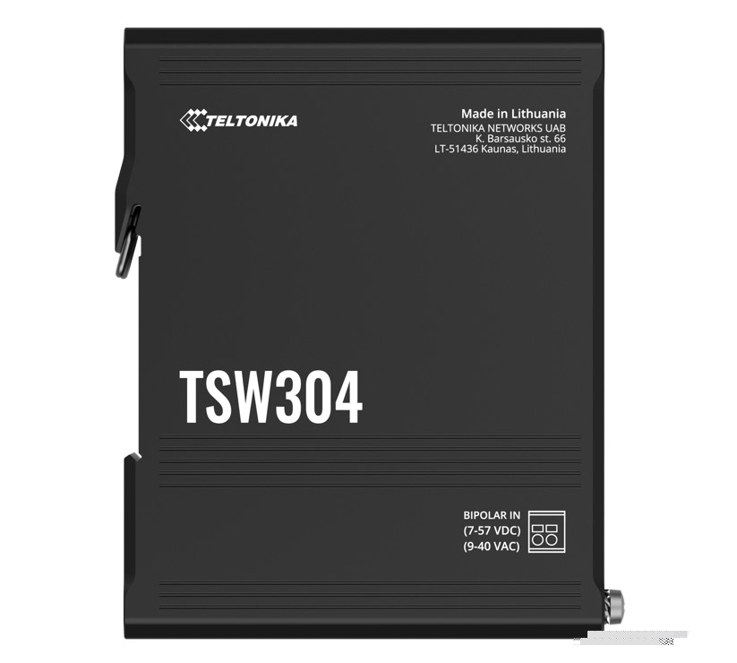 Teltonika TSW304 Industrial DIN Rail Ethernet Switch - 4x Gigabit RJ45 Ports, Wide Voltage Range 7–57 VDC & 9–40 VAC, Rugged Aluminium Housing