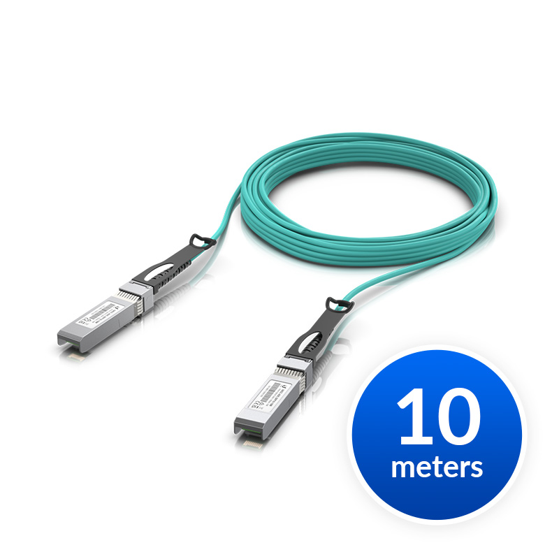 Ubiquiti 25 Gbps Long-Range Active Optical Cable SFP28 to SFP28, 10m Aqua PVC Jacket, Supports 25/10/1 Gbps Data Rates
