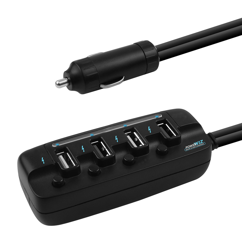 mbeat 4-Port 40W USB Rapid Car Charger with Individual ON/OFF Switches & 90cm Extension Cable - PowerWiz Smart Charging