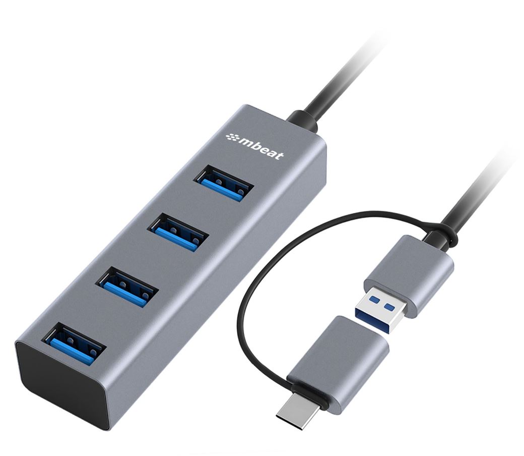 mbeat 4-Port USB 3.0 Hub with 2-in-1 USB 3.0 & USB-C Converter – Space Grey Aluminium, High-Speed 5Gbps Data Transfer