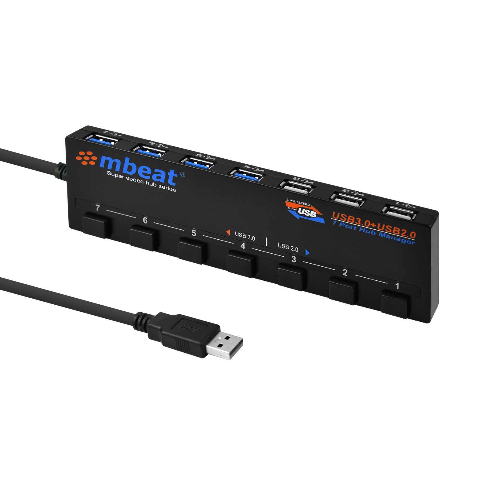 mbeat 7-Port USB 3.0 & USB 2.0 Powered Hub with Individual Switches, 4x USB 3.0 5Gbps + 3x USB 2.0 480Mbps, 15W Powered USB Hub