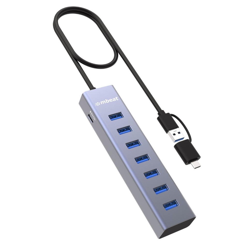 mbeat 7-Port USB Hub with Dual USB-A & USB-C Connector, 7x USB 3.2 Gen 1 Ports, BC 1.2 Fast Charging, Aluminium Build