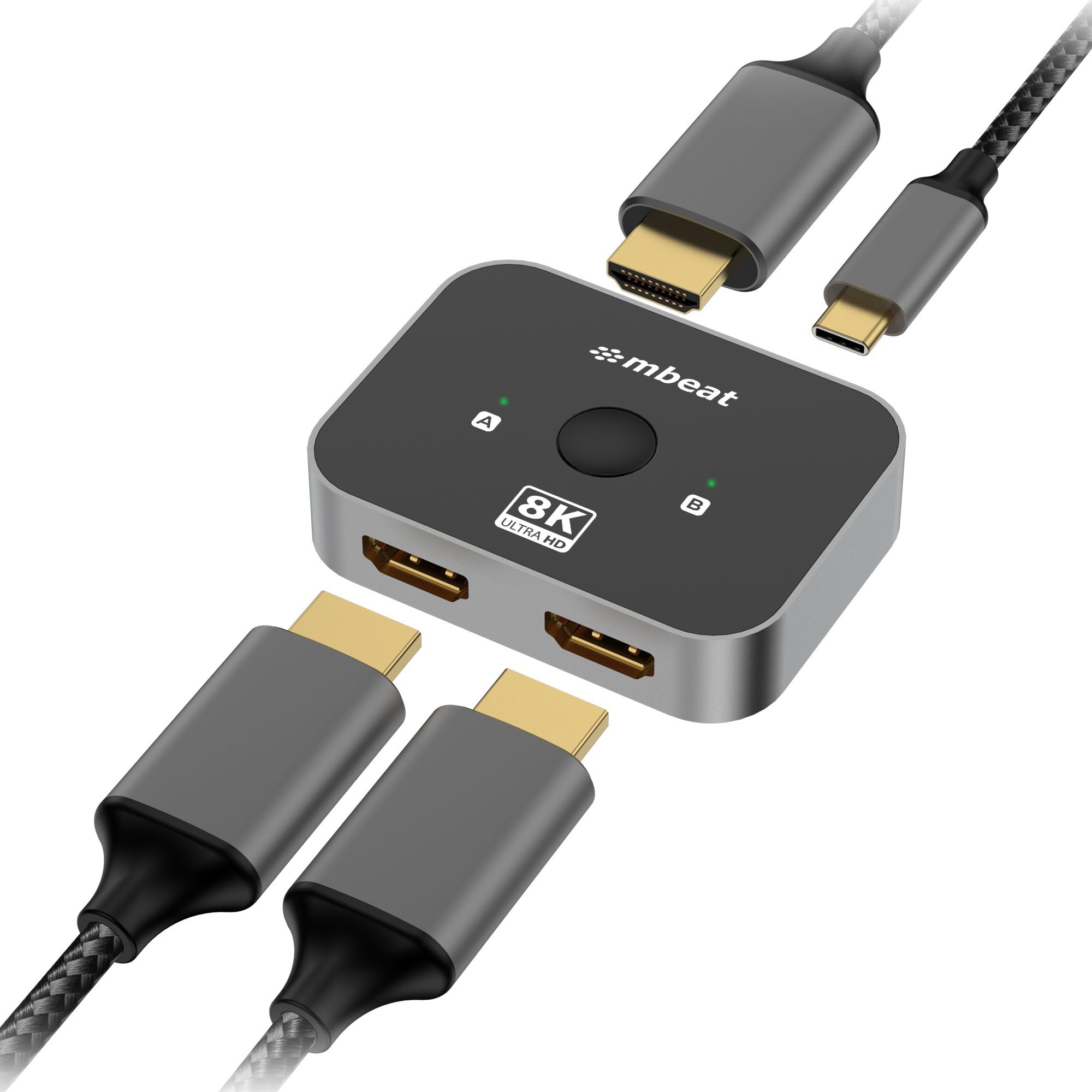 mbeat 8K Bi-directional HDMI 2.1 Switch | 2 In 1 Out / 1 In 2 Out | Supports 8K@60Hz, 4K@144Hz | USB-C Powered, Aluminium Build