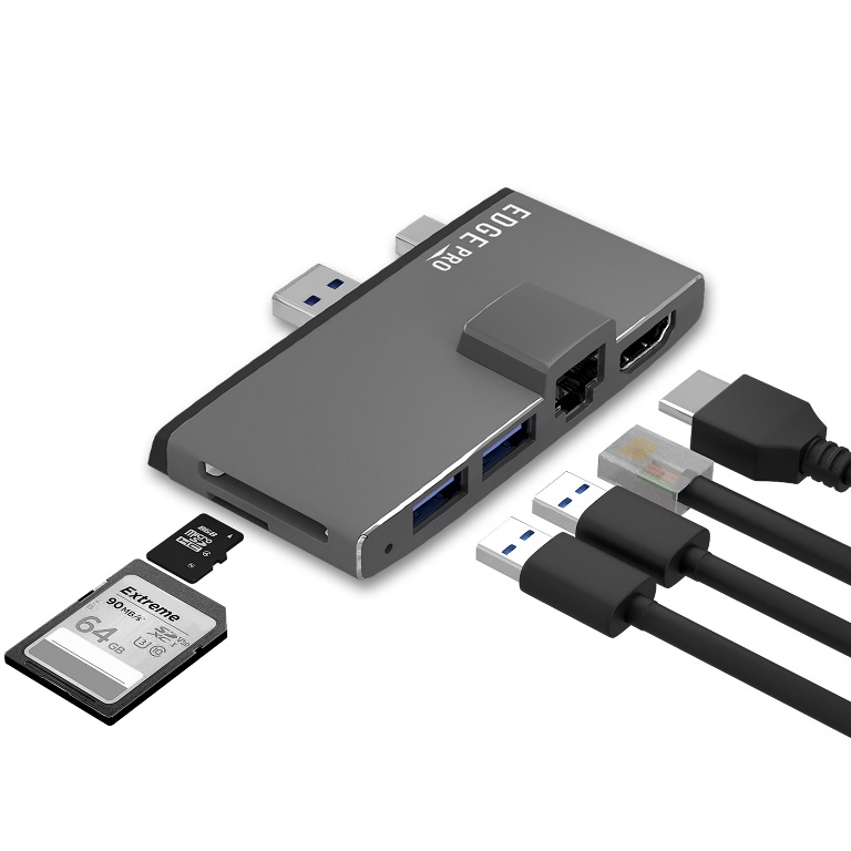 mBeat Edge Pro Multifunction USB-C Hub for Microsoft Surface Pro 5/6 | HDMI 4K30Hz, Gigabit LAN, USB 3.0, SD/MicroSD Card Reader - Metal Grey