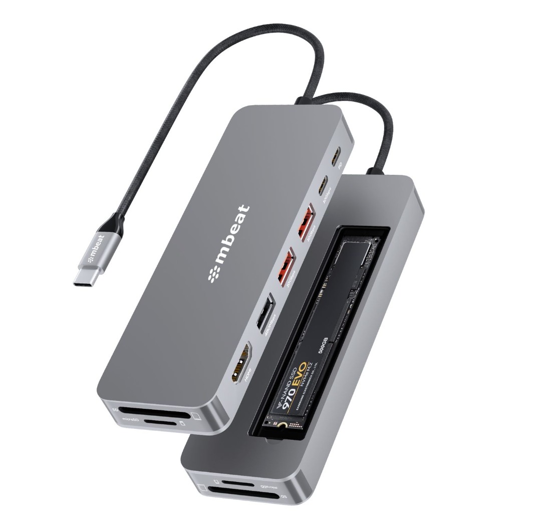 mbeat Elite 9-in-1 USB-C Multiport Hub with Built-in M.2 NVMe SSD Enclosure, 4K HDMI, 3x USB 3.2 Gen 2 Ports, 100W PD Charging