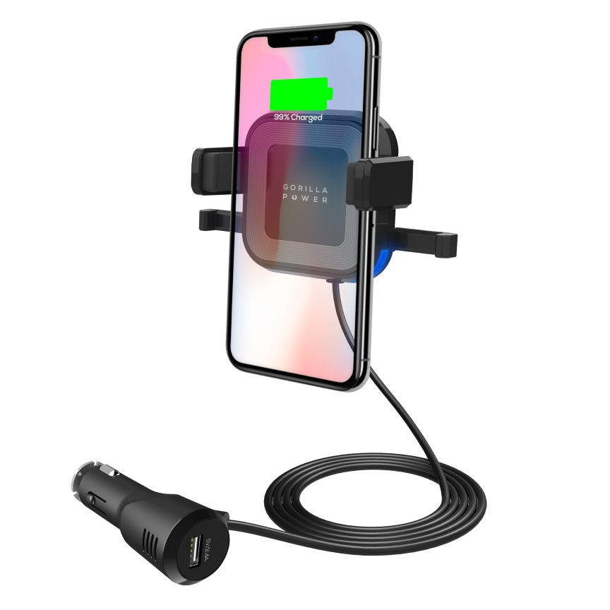 mbeat Gorilla Power 10W Wireless Car Charger with 2.4A USB Charging & Dual Mount for Air Vent and Windshield - Black