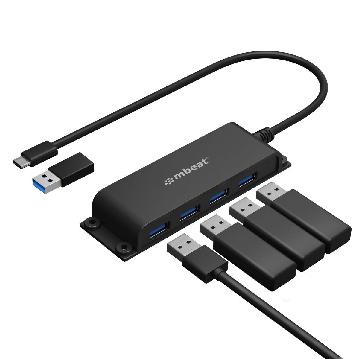 mBeat Mountable 4-Port USB-C to USB-A Hub with 60cm Cable, USB 3.0 SuperSpeed 5Gbps, Space-Saving Mounting Solution