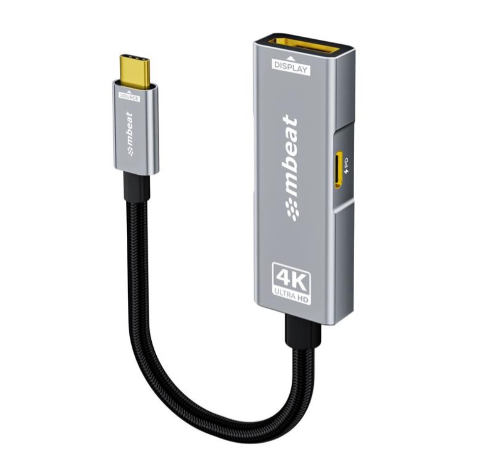 mbeat Tough Link USB-C to DisplayPort Adapter with 100W Power Delivery - 4K@60Hz, 2K@144Hz, 1080p@240Hz - Durable Nylon-Braided Cable, Space Grey