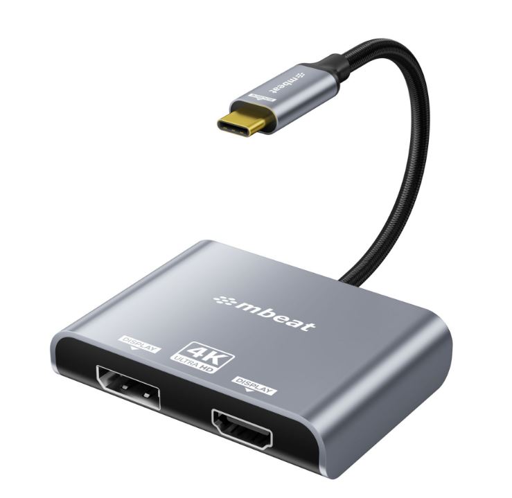 mbeat Tough Link USB-C to Dual 4K/60Hz HDMI & DisplayPort MST Adapter - USB-C DP Alt Mode Compatible, Durable Nylon Braided Cable, Space Grey