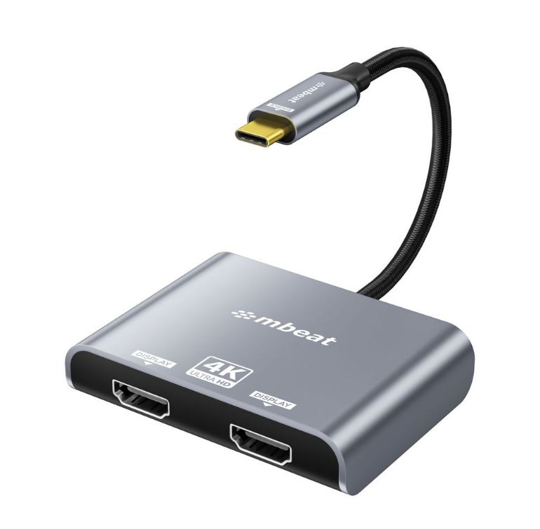 mbeat Tough Link USB-C to Dual 4K/60Hz HDMI MST Adapter - Dual 4K HDMI 2.0 Output, Nylon-Braided, Space Grey