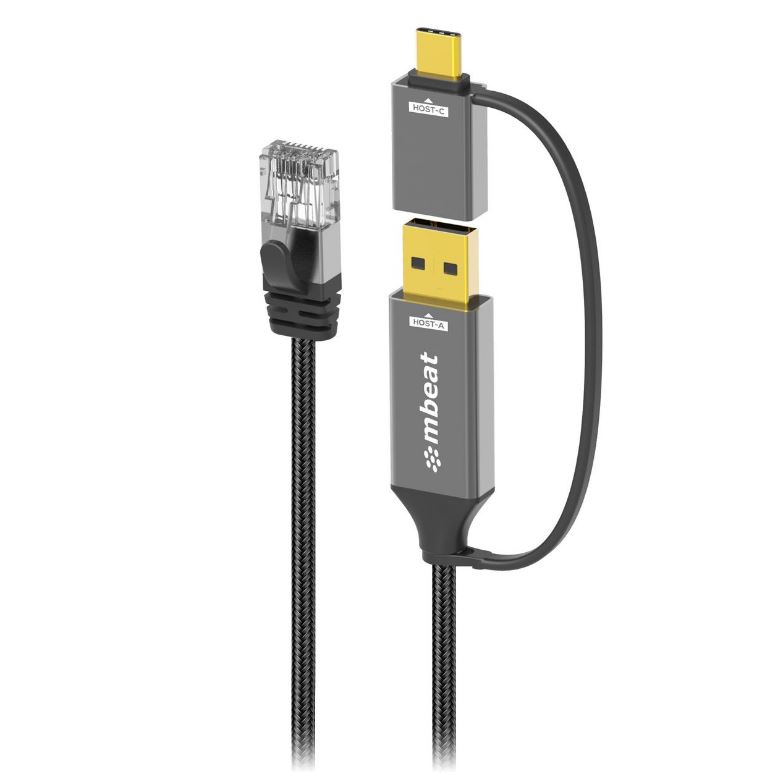 mbeat ToughLink 2m USB-A & USB-C to RJ45 Gigabit Ethernet Cable - Durable Nylon-Braided CAT6, Plug & Play, Space Grey