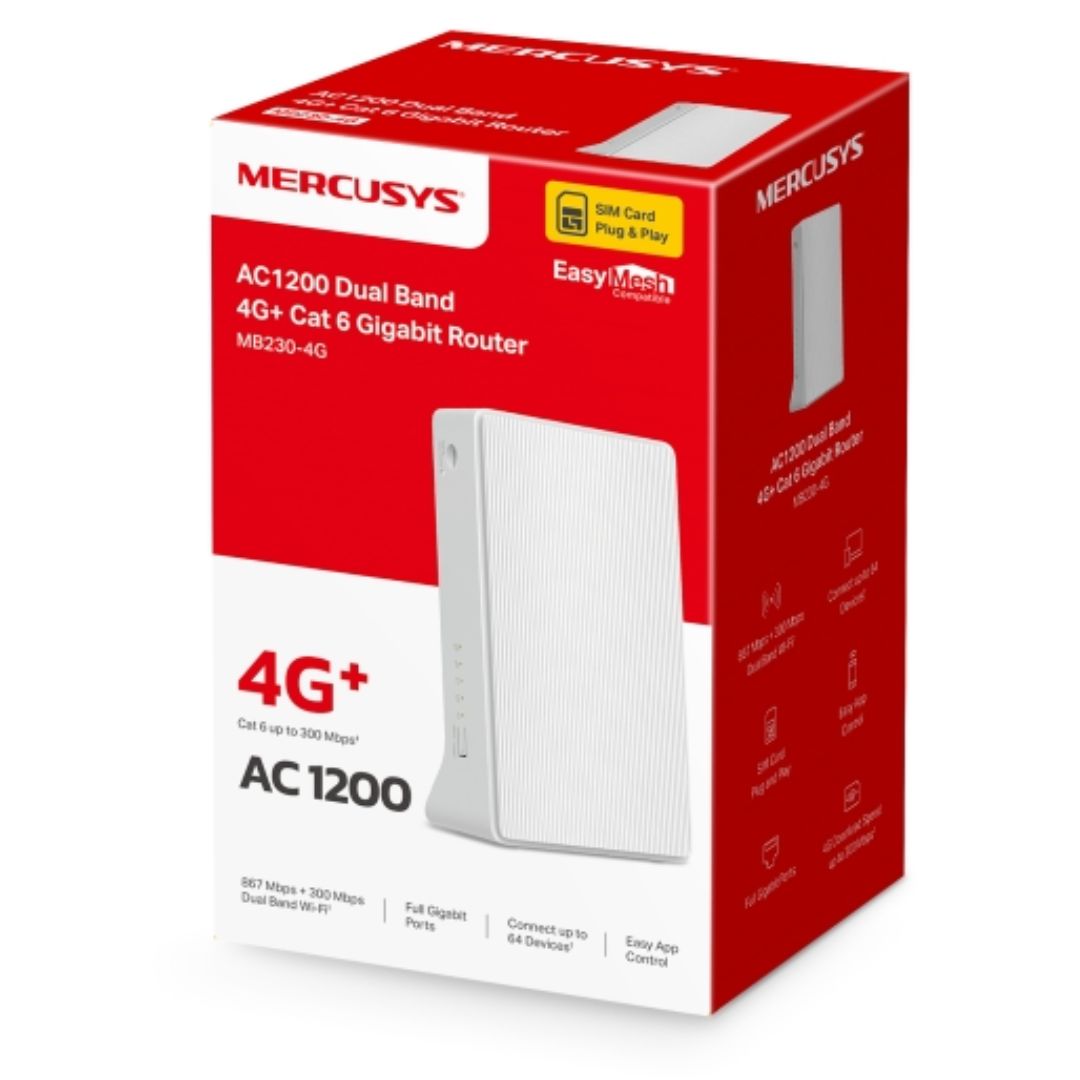 Mercusys MB230-4G AC1200 Dual Band 4G LTE Router with Built-In 4G+ Cat6 Modem, Dual Band WiFi 300Mbps (2.4GHz) + 867Mbps (5GHz), Nano SIM Slot, Gigabit LAN/WAN