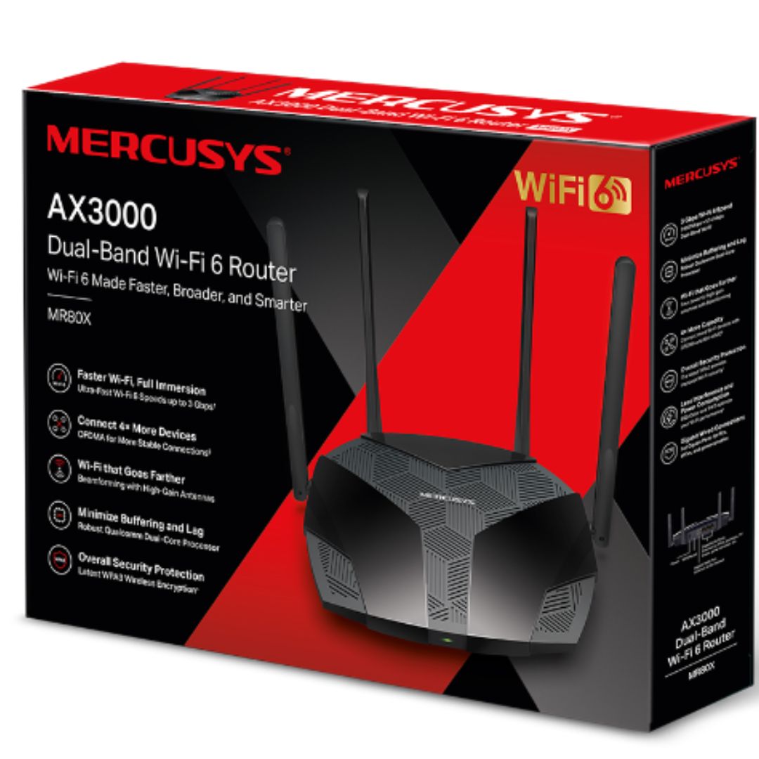 Mercusys MR80X AX3000 Dual-Band Wi-Fi 6 Router with MU-MIMO, OFDMA, WPA3 Security, 3 Gbps Speeds & 4 High-Gain Antennas