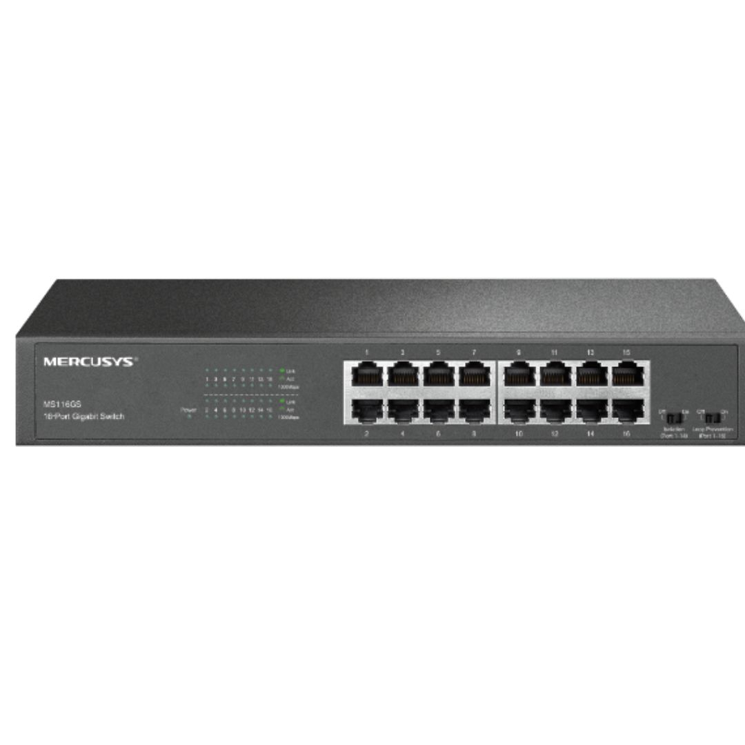 Mercusys MS116GS 16-Port Gigabit RJ45 Desktop & Rackmount Network Switch, Plug & Play, Isolation Mode, Loop Prevention, Metal Case