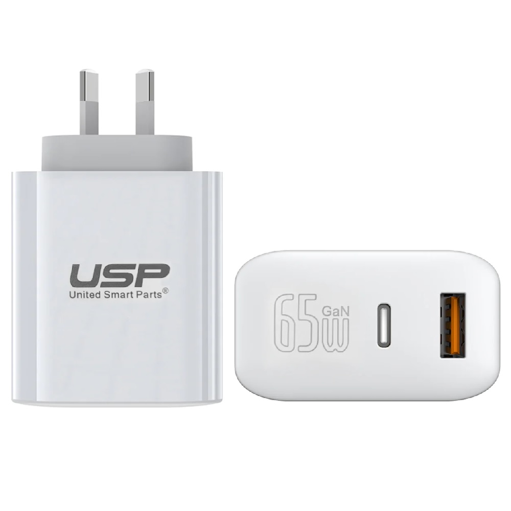 USP 65W Dual-Port GaN Fast Wall Charger USB-C PD & USB-A QC with PPS Technology for Laptop, Phone & Travel