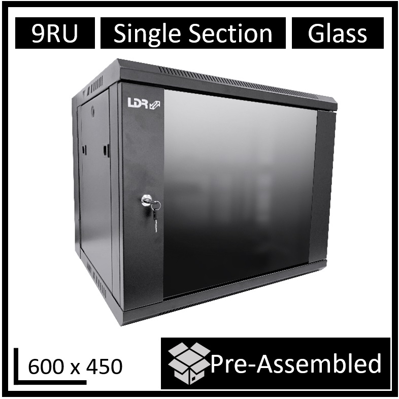 LDR Assembled 9U Wall Mount Cabinet 600x450mm Glass Door Black Metal with Side Access Panels & Top Fan Vents