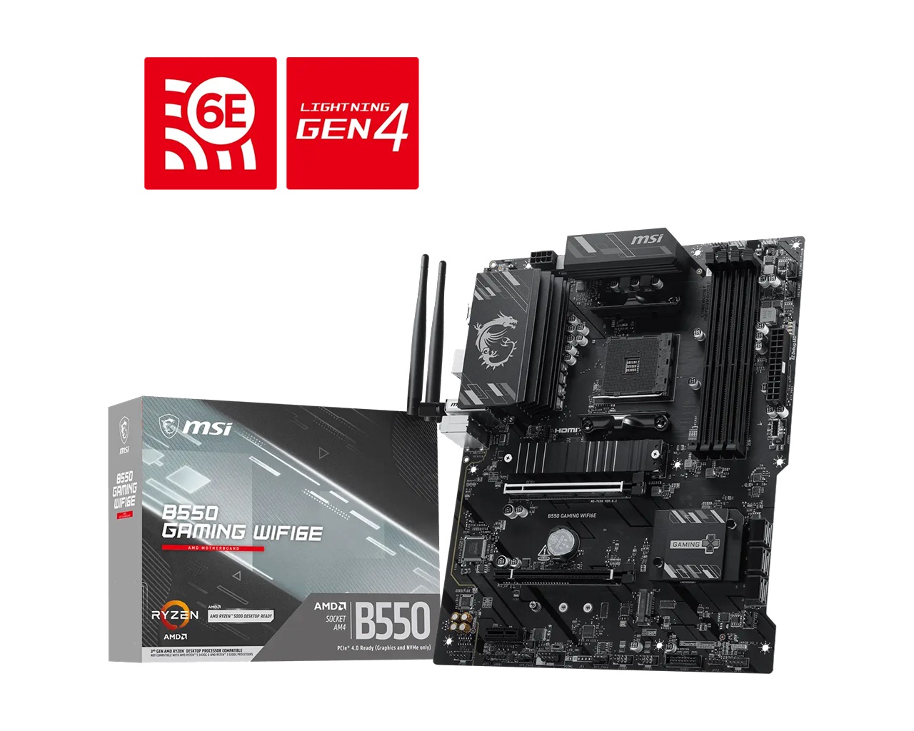 MSI B550 GAMING WIFI6E ATX Motherboard - AMD B550, AM4, DDR4 128GB, PCIe 4.0, Dual M.2, Wi-Fi 6E, 1Gb LAN, USB 10Gbps, 7.1 Audio, RGB, 4866+MHz OC