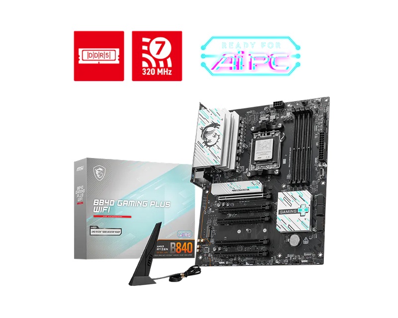 MSI B840 GAMING PLUS WIFI AM5 ATX Motherboard with DDR5 256GB, 3x M.2 PCIe 4.0, 4x PCIe x16, Wi-Fi 7 & 2.5G LAN