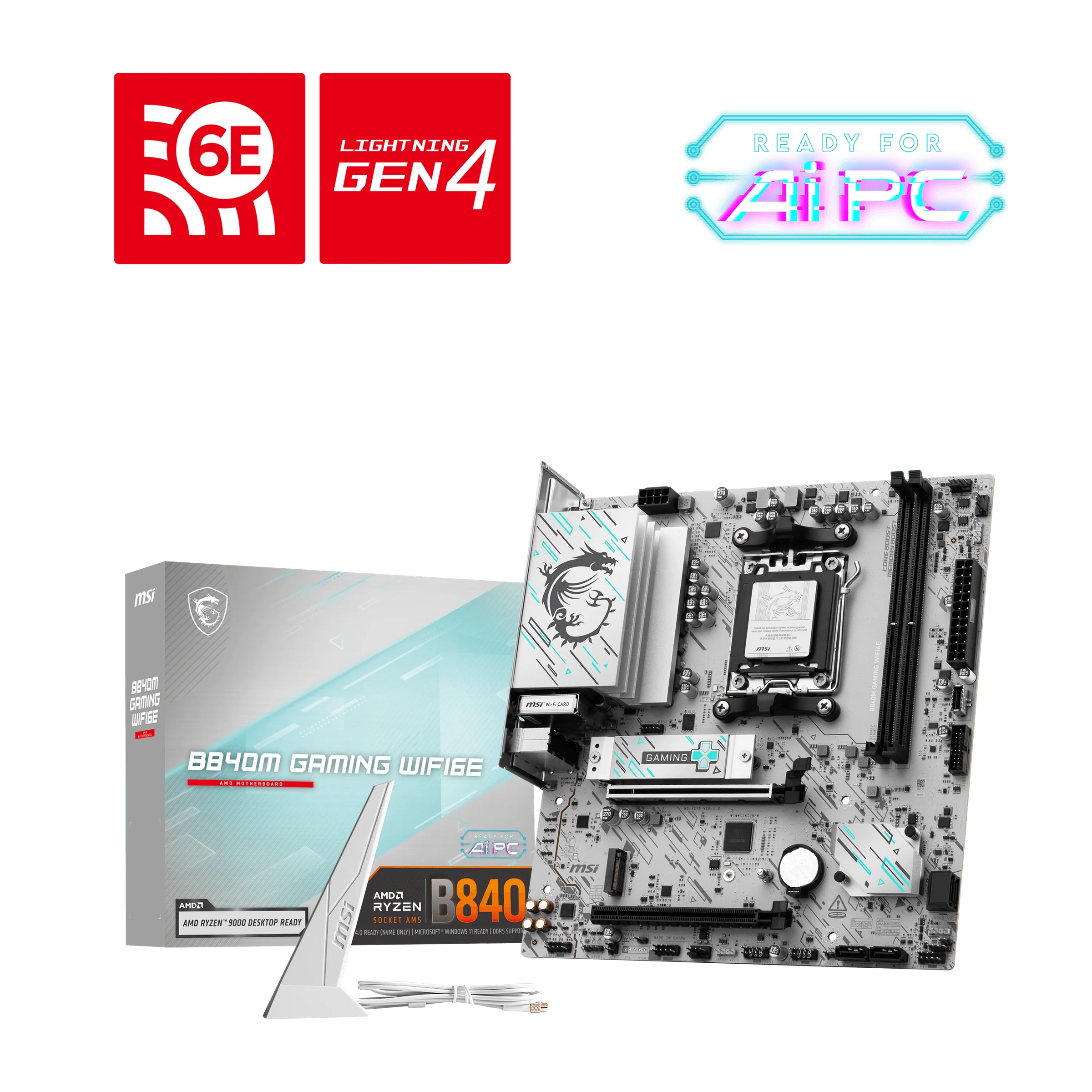 MSI B840M GAMING WIFI6E AM5 Motherboard with AMD B840, DDR5 128GB, PCIe 4.0 x16, Dual M.2 PCIe4, Wi-Fi 6E, 2.5G LAN, USB 5Gbps, HDMI/DP