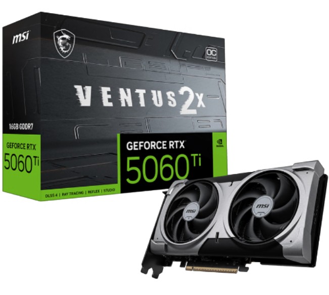 MSI GeForce RTX 5060 Ti 16GB GDDR7 Ventus 2X OC Plus Graphics Card, PCIe Gen 5 x16, 2602 MHz Boost, 4608 CUDA Cores, HDMI 2.1 & DisplayPort 2.1b