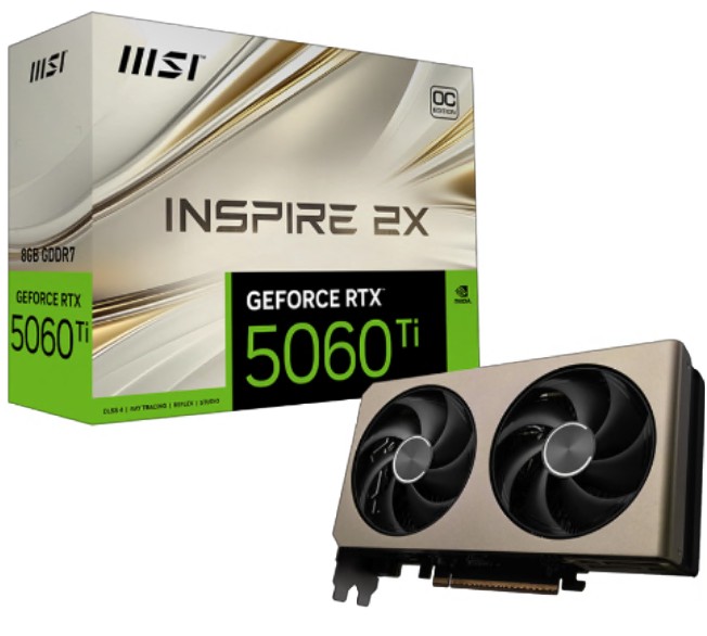 MSI GeForce RTX 5060 Ti 8GB GDDR7 INSPIRE 2X OC Graphics Card PCIe Gen 5 x16, 2617 MHz Boost, 4608 CUDA Cores, HDMI 2.1b & DisplayPort 2.1b