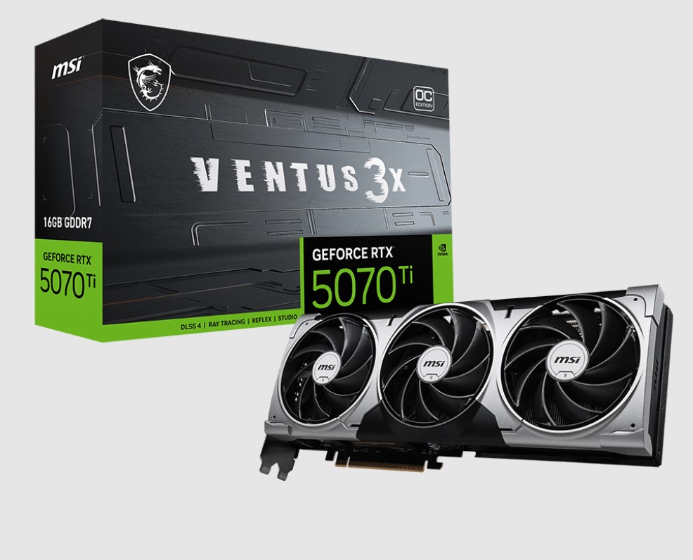 MSI GeForce RTX 5070 Ti 16GB GDDR7 VENTUS 3X OC PCIe Gen 5 Graphics Card - 2482 MHz Boost, 8960 CUDA Cores, Triple Fan Cooling, HDMI 2.1