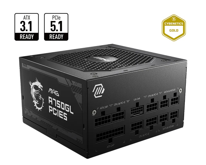 MSI MAG A750GL PCIE5 II 750W ATX 3.1 Fully Modular 80+ Gold PSU with PCIe 5.0 Native 16-Pin Connector & 120mm FDB Fan