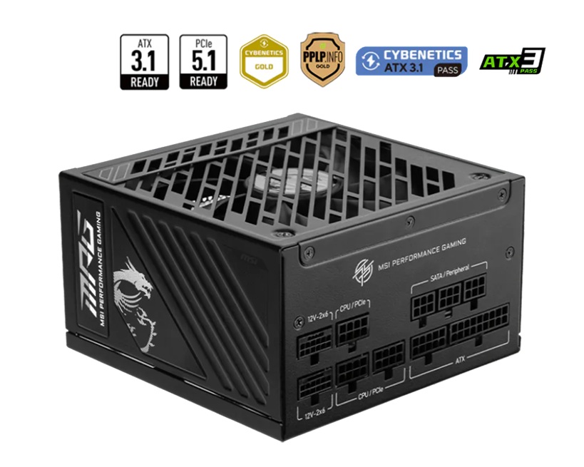 MSI MPG A1000GS PCIE5 1000W ATX 3.1 Power Supply Unit - 80 PLUS Gold, Fully Modular, 0 RPM Mode, PCIe 5.0 Native Connectors