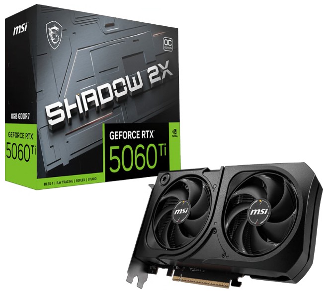 MSI NVIDIA GeForce RTX 5060 Ti 8GB GDDR7 Dual-Fan OC Graphics Card PCIe Gen5 x16, Boost 2602 MHz, HDMI 2.1b & 3x DisplayPort 2.1b, 180W TDP