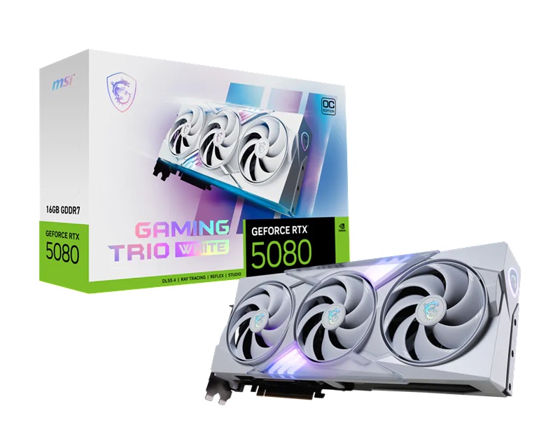 MSI NVIDIA GeForce RTX 5080 16GB GDDR7 Gaming Trio OC White Graphics Card with 2700 MHz Boost and 10752 CUDA Cores