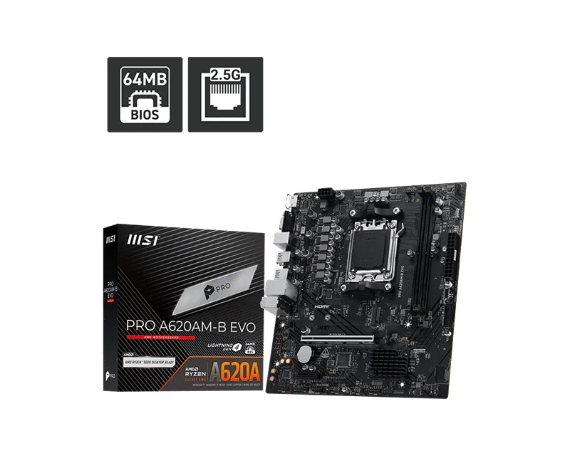 MSI PRO A620AM-B EVO AM5 ATX Motherboard with AMD A620A, 2x DDR5 128GB, PCIe 4.0 x16, M.2 NVMe, HDMI/VGA, 2.5G LAN