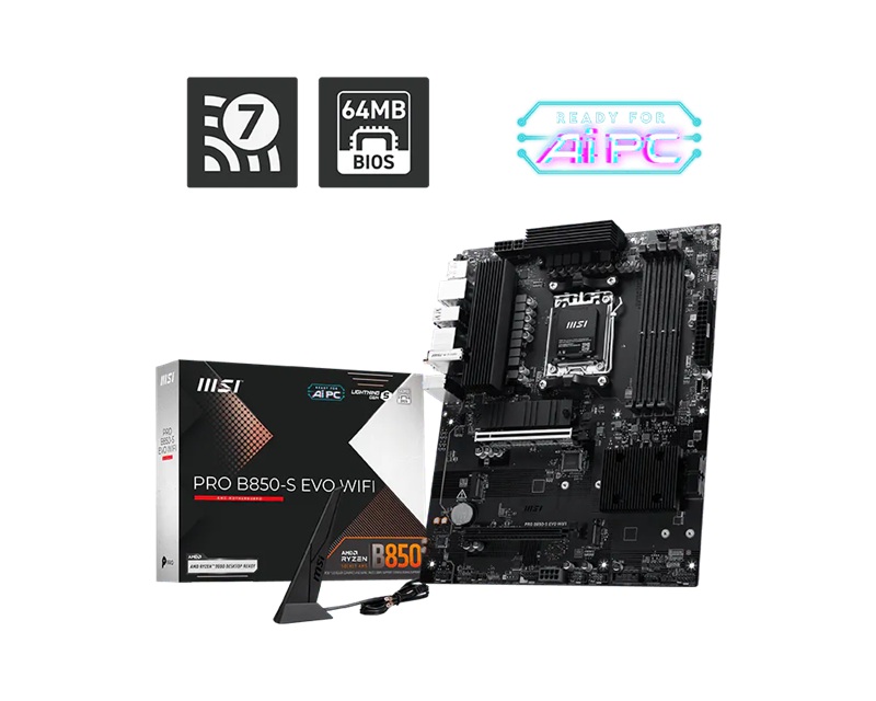 MSI PRO B850-S EVO WIFI ATX Motherboard AMD AM5 Ryzen 9000/8000/7000 DDR5 8200+MT/s PCIe 5.0 Wi-Fi 7 5G LAN 3x M.2 4x SATA