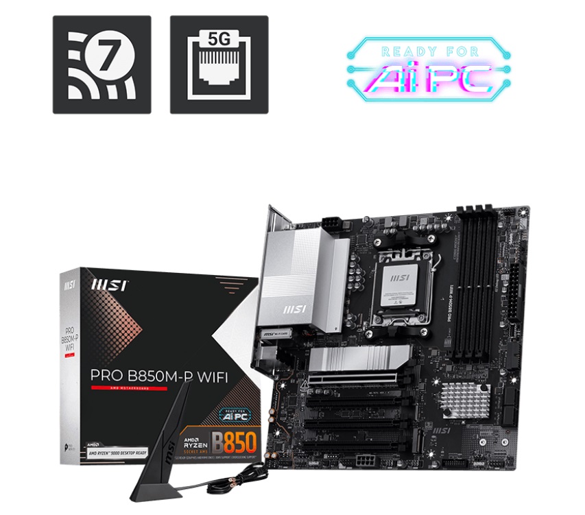 MSI PRO B850M-P WIFI AM5 Micro-ATX Motherboard with DDR5-8200+ Support, PCIe 5.0, Triple M.2, Wi-Fi 7 & 5G LAN