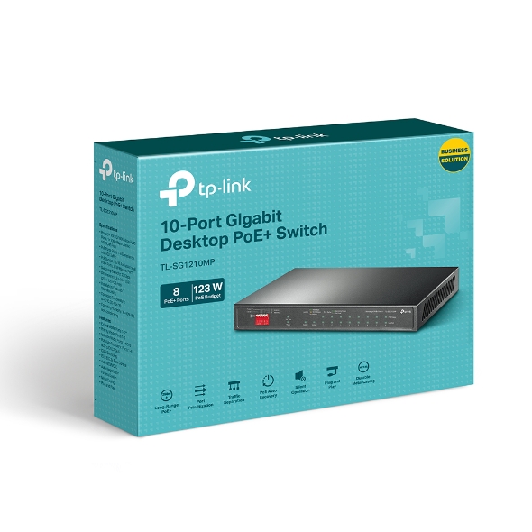 TP-Link TL-SG1210MP 10-Port Gigabit Desktop Switch with 8-Port PoE+, 123W Power Budget, Fanless Metal Design