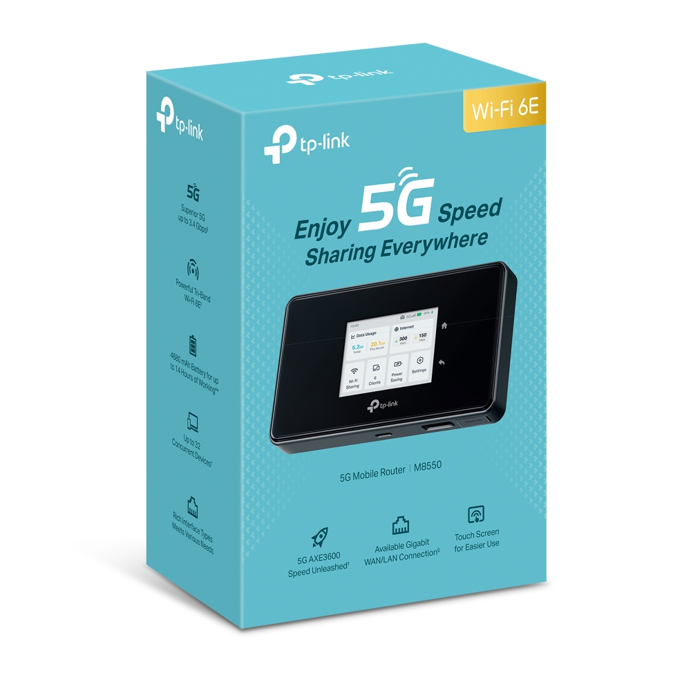 TP-Link M8550 5G Mobile Wi-Fi Router with Tri-Band Wi-Fi 6E, Touchscreen & Gigabit WAN/LAN Ethernet - Up to 3.4 Gbps 5G Speed
